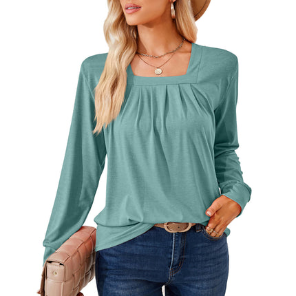 Women's Long Sleeve Tops Square Neck Tunic Tops Pleated Shirts