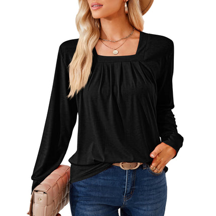 Women's Long Sleeve Tops Square Neck Tunic Tops Pleated Shirts