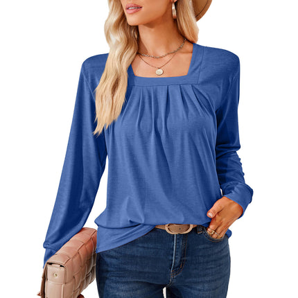 Women's Long Sleeve Tops Square Neck Tunic Tops Pleated Shirts