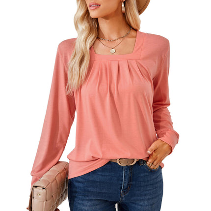 Women's Long Sleeve Tops Square Neck Tunic Tops Pleated Shirts