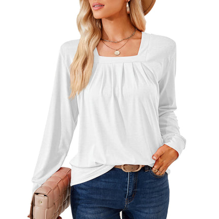 Women's Long Sleeve Tops Square Neck Tunic Tops Pleated Shirts