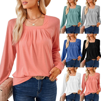 Women's Long Sleeve Tops Square Neck Tunic Tops Pleated Shirts