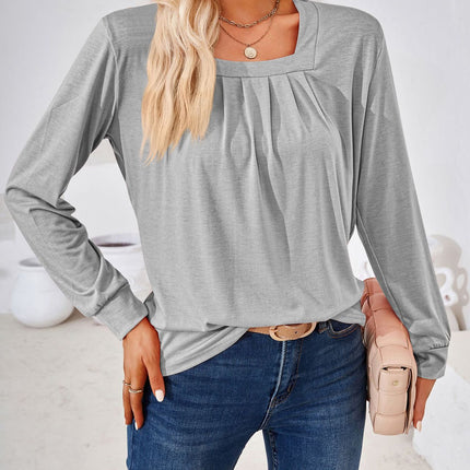 Women's Long Sleeve Tops Square Neck Tunic Tops Pleated Shirts