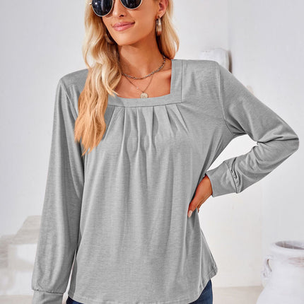 Women's Long Sleeve Tops Square Neck Tunic Tops Pleated Shirts