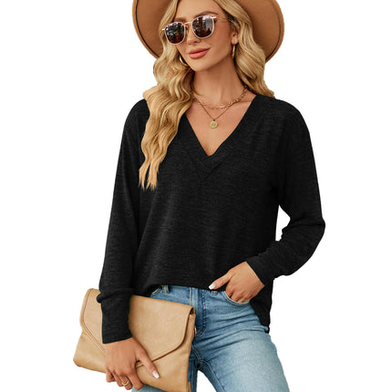 Women's Summer Tops V Neck Long Sleeve Shirt Loose Casual T-Shirt