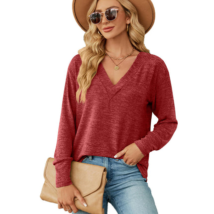 Women's Summer Tops V Neck Long Sleeve Shirt Loose Casual T-Shirt