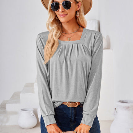 Women's Long Sleeve Tops Square Neck Tunic Tops Pleated Shirts