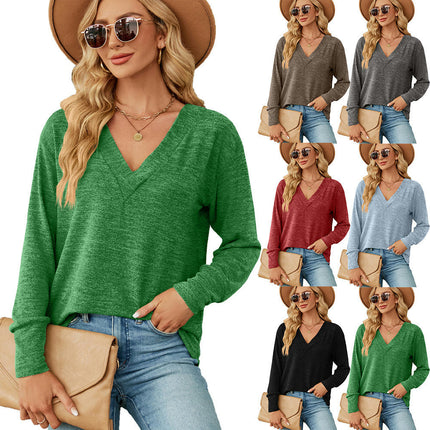 Women's Summer Tops V Neck Long Sleeve Shirt Loose Casual T-Shirt