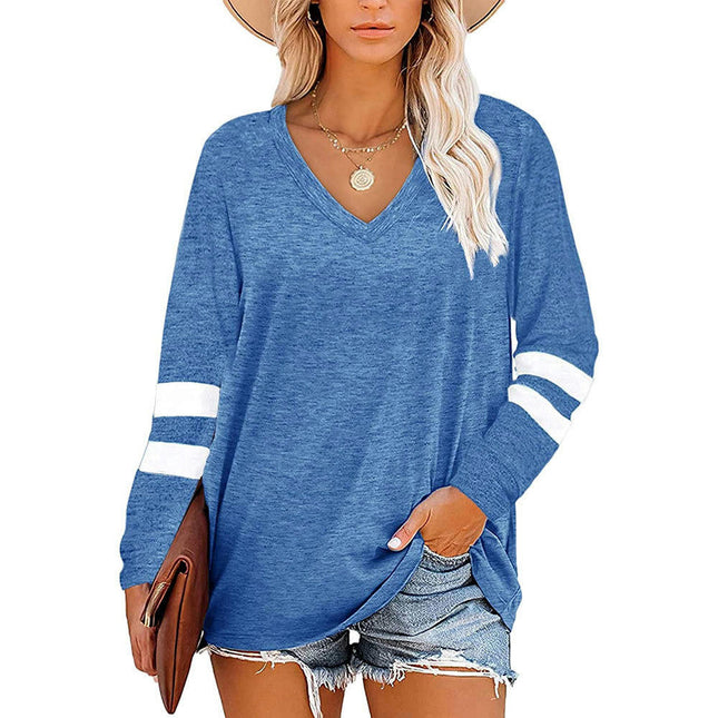 Women's Tops V Neck T Shirt Color Block Long Sleeve Casual Tunic Tops