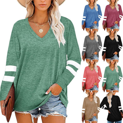 Women's Tops V Neck T Shirt Color Block Long Sleeve Casual Tunic Tops