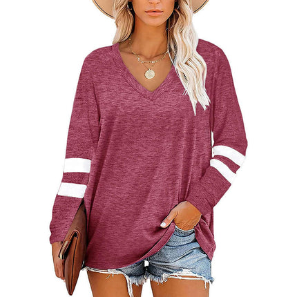 Women's Tops V Neck T Shirt Color Block Long Sleeve Casual Tunic Tops