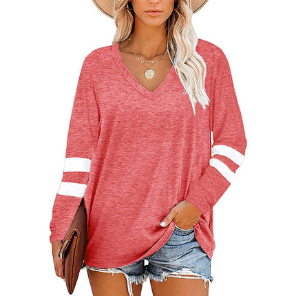 Women's Tops V Neck T Shirt Color Block Long Sleeve Casual Tunic Tops