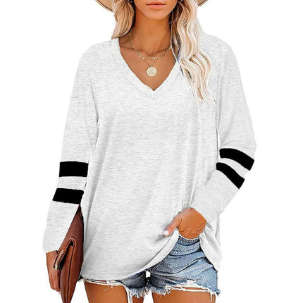 Women's Tops V Neck T Shirt Color Block Long Sleeve Casual Tunic Tops