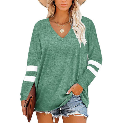 Women's Tops V Neck T Shirt Color Block Long Sleeve Casual Tunic Tops