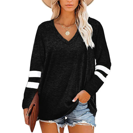 Women's Tops V Neck T Shirt Color Block Long Sleeve Casual Tunic Tops