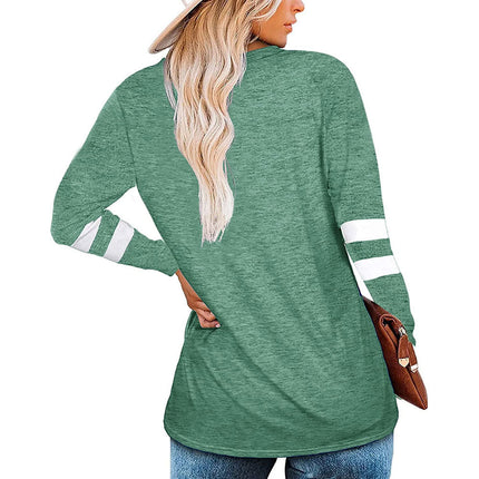 Women's Tops V Neck T Shirt Color Block Long Sleeve Casual Tunic Tops