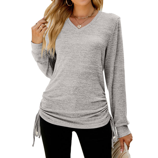 Women's V Neck Tops Long Sleeve Drawstring Loose T-Shirt Top