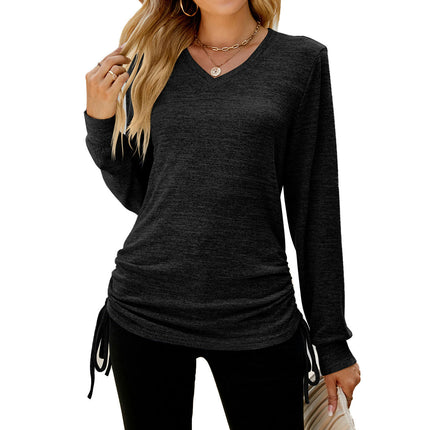 Women's V Neck Tops Long Sleeve Drawstring Loose T-Shirt Top