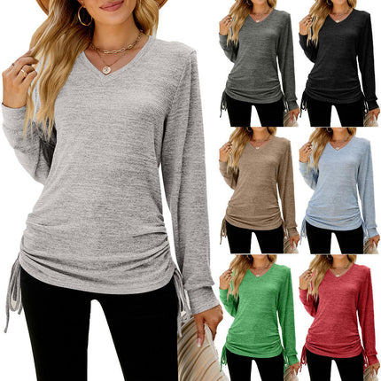 Women's V Neck Tops Long Sleeve Drawstring Loose T-Shirt Top