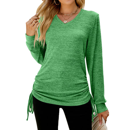 Women's V Neck Tops Long Sleeve Drawstring Loose T-Shirt Top