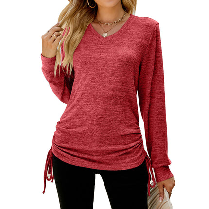 Women's V Neck Tops Long Sleeve Drawstring Loose T-Shirt Top