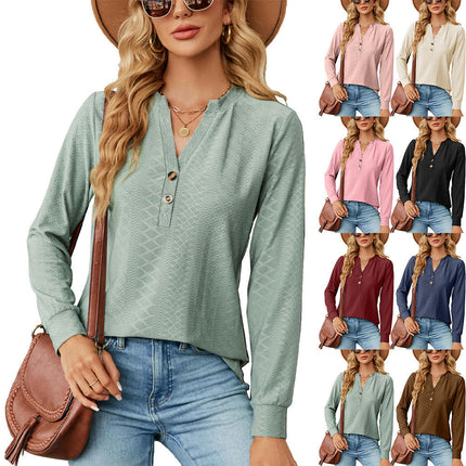 Women's Casual Button V Neck Long Sleeve Shirts Solid Blouses Tops