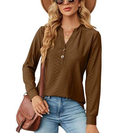 Women's Casual Button V Neck Long Sleeve Shirts Solid Blouses Tops