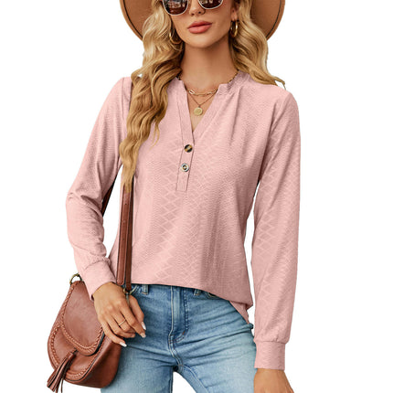 Women's Casual Button V Neck Long Sleeve Shirts Solid Blouses Tops