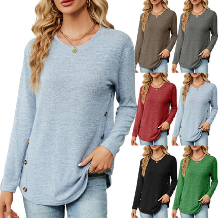 Women's Casual Long Sleeve Round Neck Button Loose Tunic T Shirt Blouse Tops