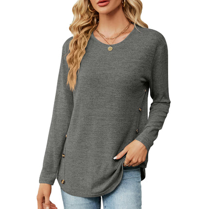 Women's Casual Long Sleeve Round Neck Button Loose Tunic T Shirt Blouse Tops