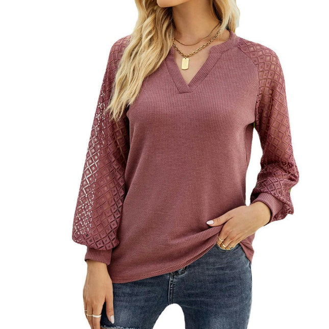 Women's Lace Long Sleeve Tops Shirt Casual Loose V Neck T Shirts Blouses