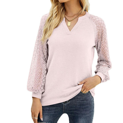 Women's Lace Long Sleeve Tops Shirt Casual Loose V Neck T Shirts Blouses