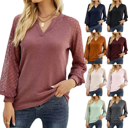 Women's Lace Long Sleeve Tops Shirt Casual Loose V Neck T Shirts Blouses