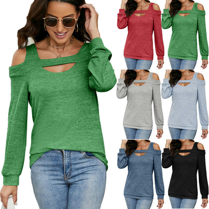 Women Cold Shoulder T-Shirt Long Sleeve Square Neck Casual Tops