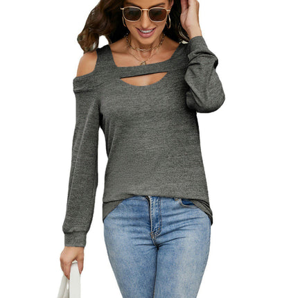 Women Cold Shoulder T-Shirt Long Sleeve Square Neck Casual Tops