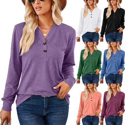 Women's Long Sleeve Tops Pullover with Buttons Down Casual Loose Fit V-Neck Tunics