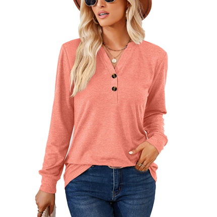 Women's Long Sleeve Tops Pullover with Buttons Down Casual Loose Fit V-Neck Tunics