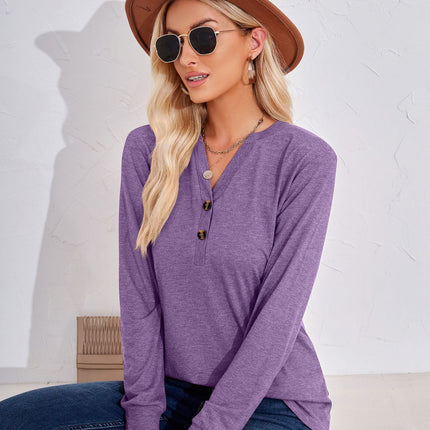 Women's Long Sleeve Tops Pullover with Buttons Down Casual Loose Fit V-Neck Tunics