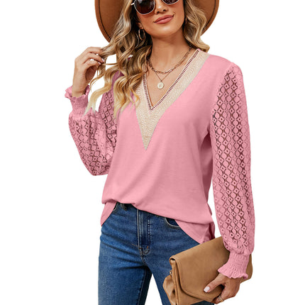 Women's V Neck Hollow Out Long Sleeve Blouse Casual Shirts Tops