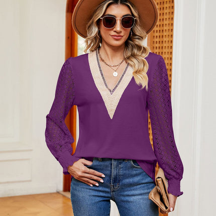 Women's V Neck Hollow Out Long Sleeve Blouse Casual Shirts Tops