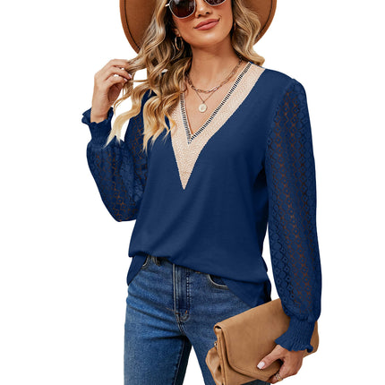 Women's V Neck Hollow Out Long Sleeve Blouse Casual Shirts Tops