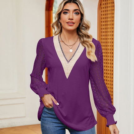 Women's V Neck Hollow Out Long Sleeve Blouse Casual Shirts Tops