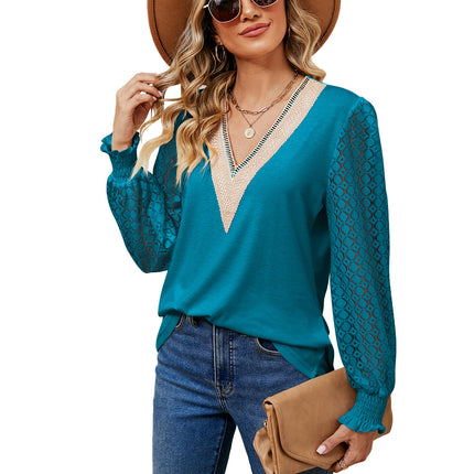 Women's V Neck Hollow Out Long Sleeve Blouse Casual Shirts Tops