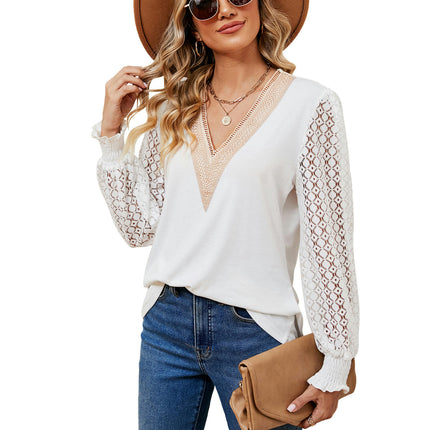 Women's V Neck Hollow Out Long Sleeve Blouse Casual Shirts Tops