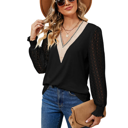 Women's V Neck Hollow Out Long Sleeve Blouse Casual Shirts Tops