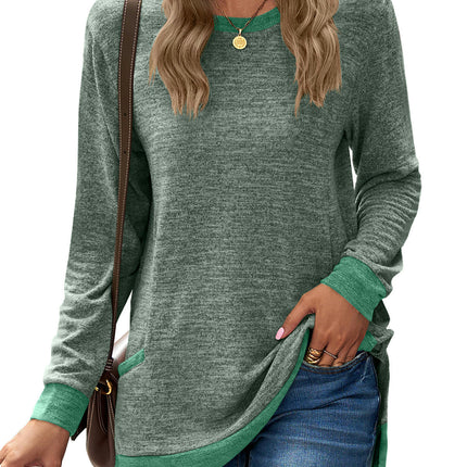 Women's Casual Long Sleeve Color Block Tops Crewneck Loose Fit T Shirt with Pockets