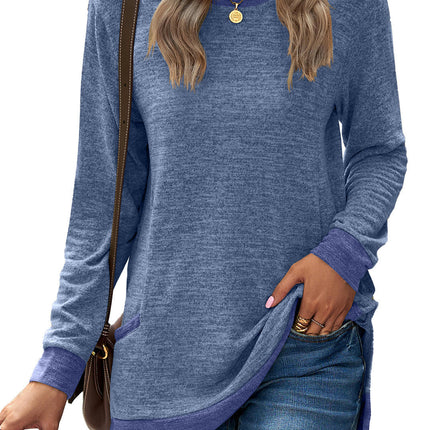 Women's Casual Long Sleeve Color Block Tops Crewneck Loose Fit T Shirt with Pockets