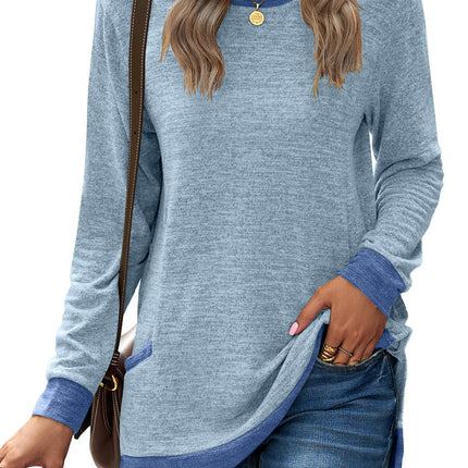 Women's Casual Long Sleeve Color Block Tops Crewneck Loose Fit T Shirt with Pockets