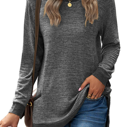 Women's Casual Long Sleeve Color Block Tops Crewneck Loose Fit T Shirt with Pockets