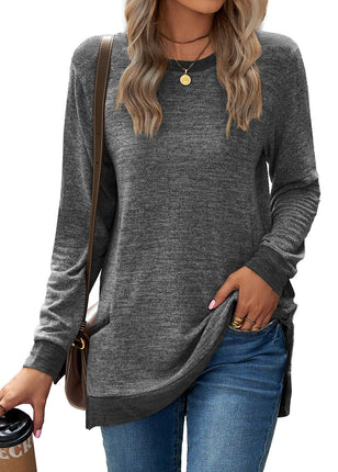 Women's Casual Long Sleeve Color Block Tops Crewneck Loose Fit T Shirt with Pockets